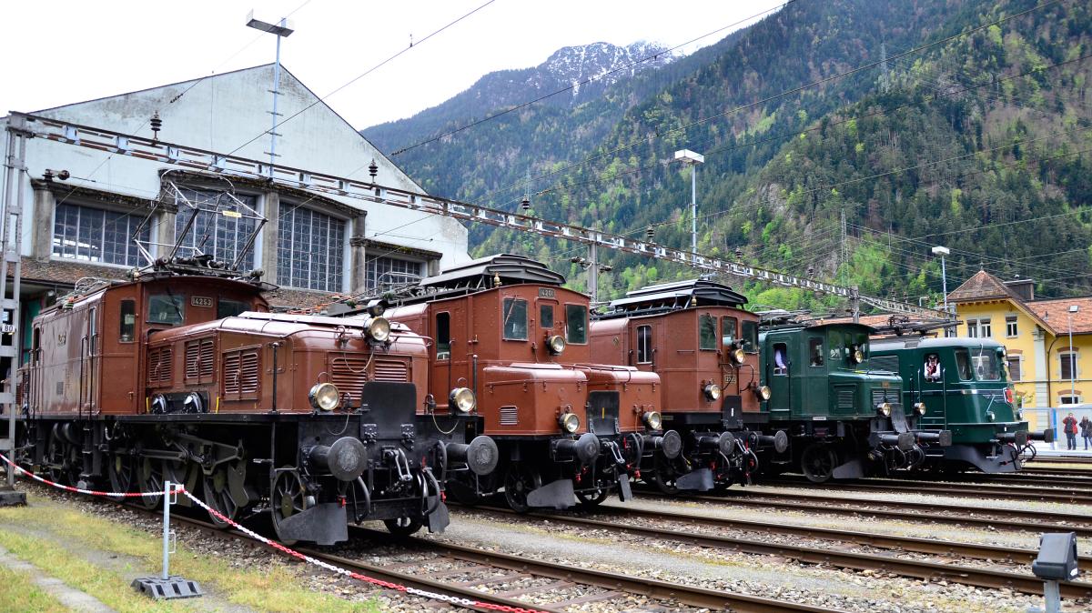 Gotthardlegenden posieren vor dem Depot: «Krokodil», «Grossmutter», «Rehbock», «Ae 4/7» und «Zug»